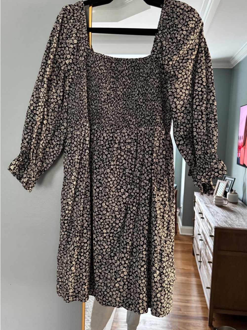 Madewell Black Floral Smocked Long-Sleeve Midi Dress